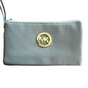 Michael Kors Fulton Large Wristlet Wallet Pebbled Leather Gray Gold Logo Large